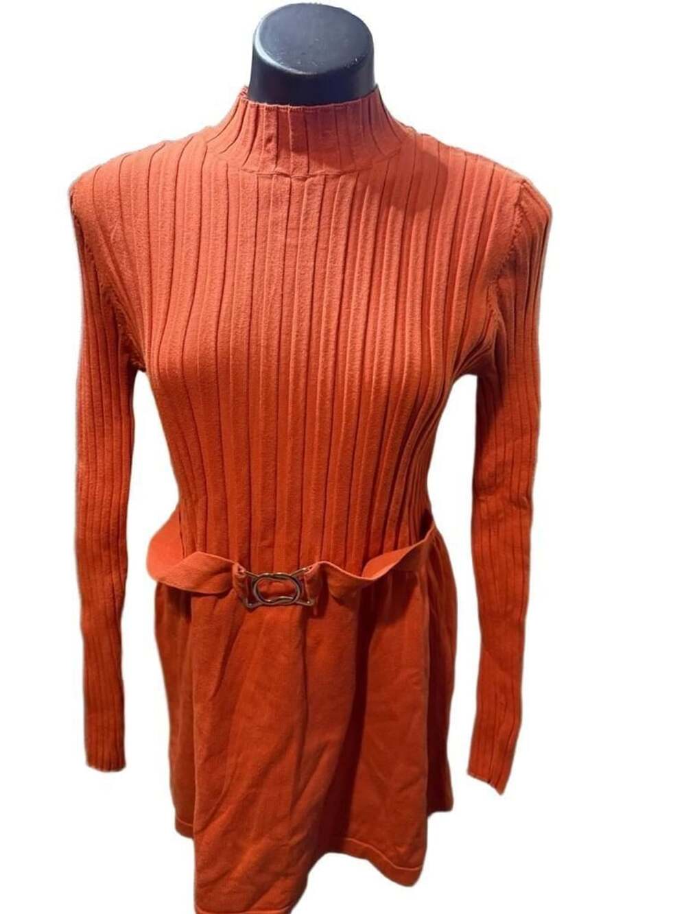 R.Q.T. Mock Neck Sweater Dress Size XL Orange Ribbed Belted Long Sleeve